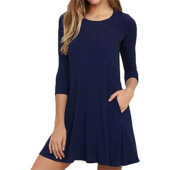 Women's Round Neck 3/4 Sleeve A-Line T-Shirt Dress – Casual with Pocket - Picture 6 of 6